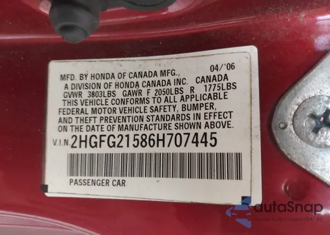 2006 Honda Civic Si из США, поврежденный, VIN 2HGFG21586H707445